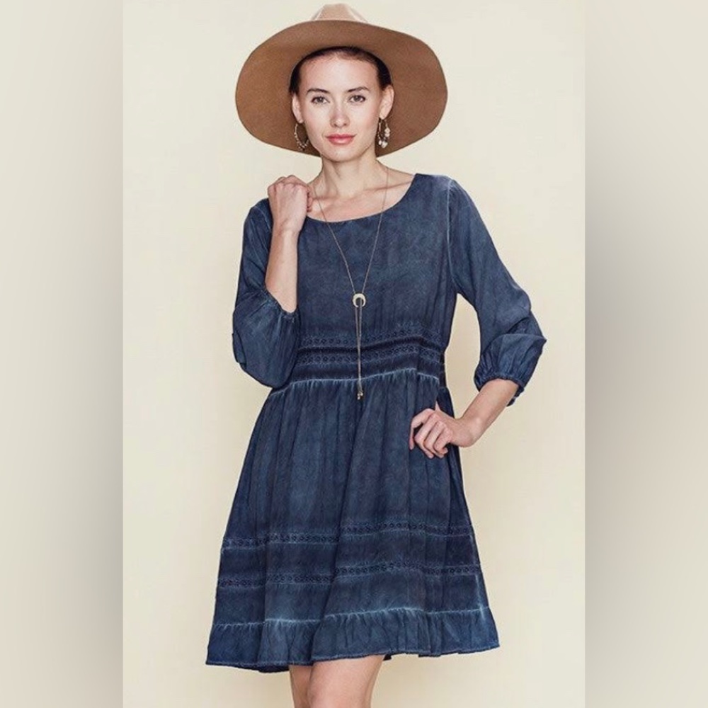 🆕 b Sharp Women’s Mineral Wash Lace Trimmed Blue Dress Medium #231